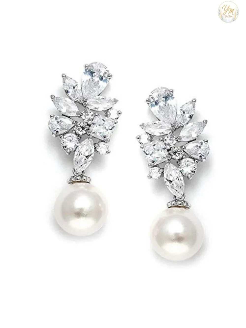 Pearl Drop & Dangle Bridal Earrings with CZ Crystal Cluster, Statement Jewelry